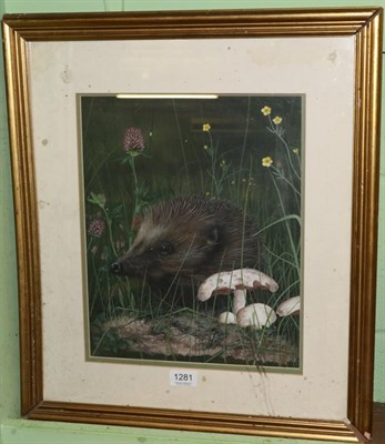 Lot 1281 - C Whitfield (b.1958), Hedgehog amongst funghi and foliage, signed and dated '86, oil on board, 35cm