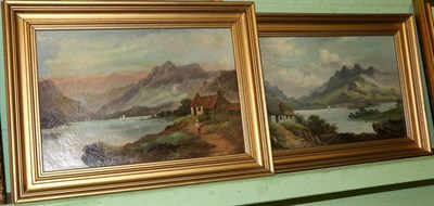 Lot 1289 - Two Scottish scenes by J(ohn?) Ross ";Sunset Loch Ness"; and ";Morning Loch Crevan";, oil on canvas