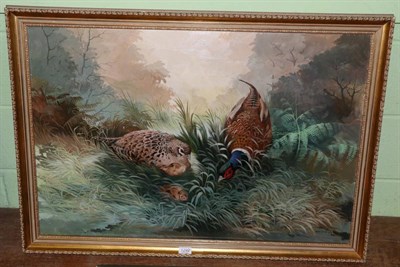 Lot 1292 - Berrisford Hill (20th century), male and female pheasant with chicks in vegetation, signed, oil...