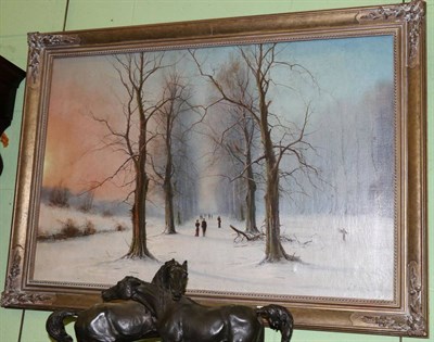 Lot 1297 - N H Christiansen, Winter scene with figures promenading down a tree lined walk way