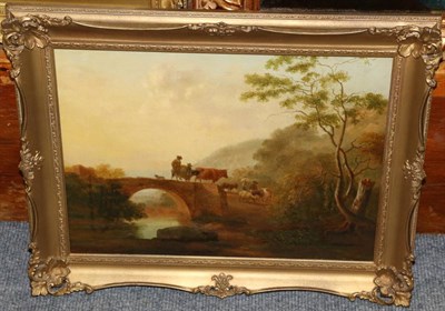 Lot 1303 - Style of J.C Ibbetson, Figures herding cattle and sheep across a bridge, oil on canvas, 32.5cm...