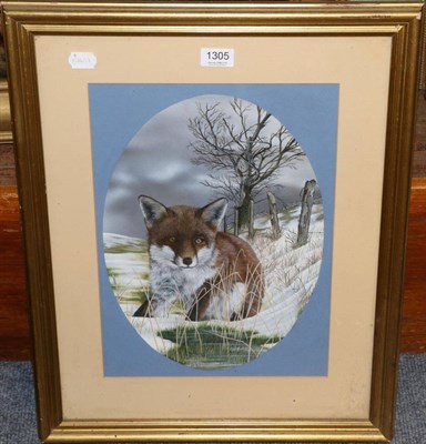 Lot 1305 - C Whitfield (b.1958), Fox in snowy landscape, signed and dated '87, oil on board, painted oval...