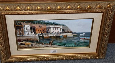 Lot 1309 - Andrea Savino (Italian, b. 1958), Italian harbour scene, signed oil on canvas, 19cm by 39cm