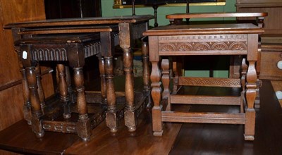 Lot 1340 - A carved oak stool; a small oak side table and a nest of three oak tables