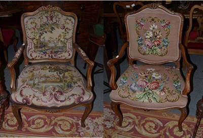 Lot 1382 - Two similar French tapestry upholstered open armchairs