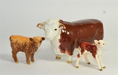 Lot 97 - Beswick Cattle Comprising: Hereford Bull, First Version, model No. 1363A and Hereford Calf,...