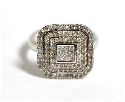 Lot 135 - A 9 carat white gold diamond cluster ring, a square plaque pavé set with princess cut,...