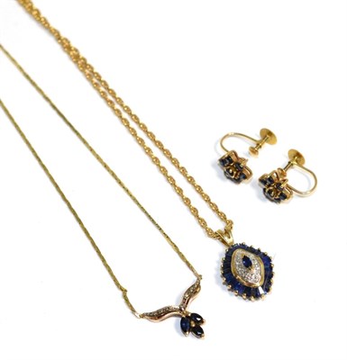 Lot 156 - A 9 carat gold sapphire and diamond pendant, a marquise cut sapphire within a border of...