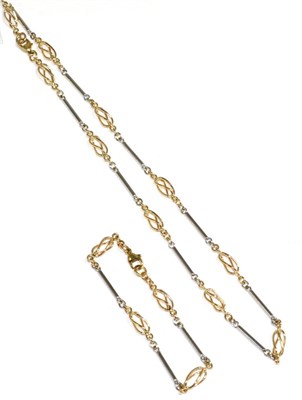 Lot 161 - A two colour 9 carat gold necklace and bracelet suite, of yellow gold twisted cage links,...