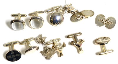 Lot 168 - Six pairs of silver cufflinks, including a novelty pig pair and a mother-of-pearl inset pair (6)