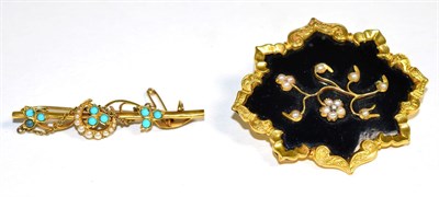 Lot 193 - An onyx, seed pearl and diamond mourning brooch, a cenral seed pearl and rose cut diamond set...