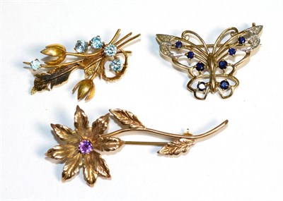 Lot 196 - A 9 carat gold sapphire and diamond butterfly brooch, measures 2.5cm by 4cm; a 9 carat gold...