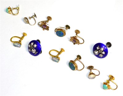 Lot 197 - A pair of black opal earrings, stamped '10K'; a pair of moonstone earrings, a pair of turquoise...