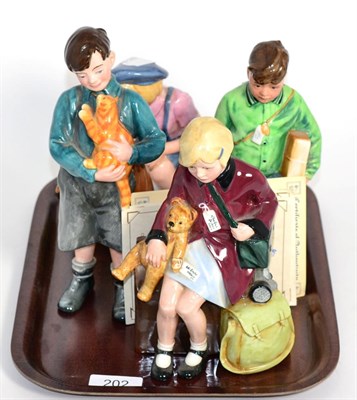 Lot 202 - Four Royal Doulton china figures comprising The Homecoming HN3295; Welcome Home HN3299; Children of