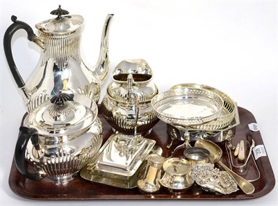 Lot 208 - Silver including a pedestal dish, pin dish, sugar tongs, three piece condiment set, dessert...