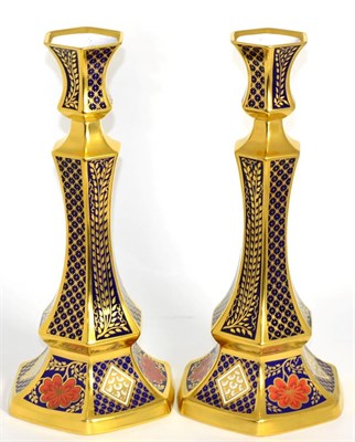 Lot 211 - A pair of Caverswall "Romany" pattern Imari candlesticks, 36cm high