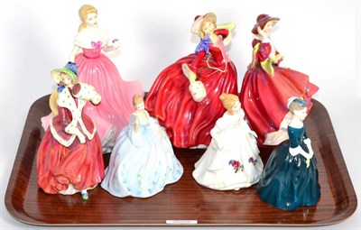 Lot 216 - Six Royal Doulton figures: Rosie HN4094; Autumn Breezes HN1934; Top o'the Hill HN1834;...