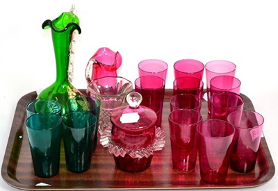 Lot 218 - A tray of Victorian and later green and cranberry glass