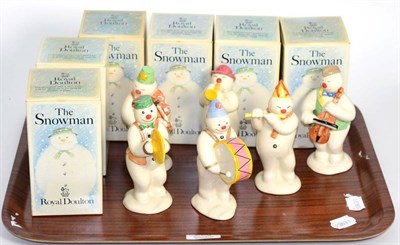 Lot 220 - Six Royal Doulton Snowman figures Cymbal Player Ds14; Violinist DS11; Trumpeter DS16; Bass...