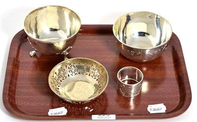 Lot 229 - A silver Walker & Hall christening bowl and matching napkin ring together with two silver bon...