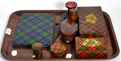 Lot 231 - A small group of tartan ware including a notepad, letter opener, string box, needle case etc