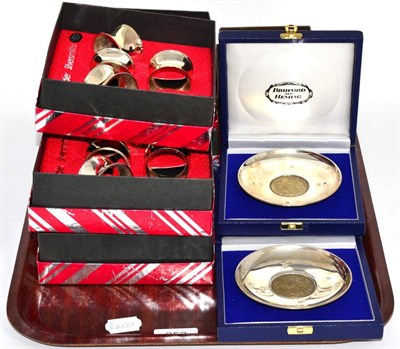 Lot 252 - Two cased silver commemorative dishes, a silver dish marked for Sheffield and a set of twenty...
