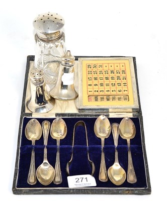 Lot 271 - A cased set of six silver teaspoons with tongs; a pair of silver salt and peppers; silver and glass