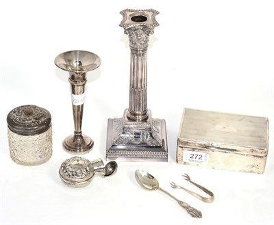 Lot 272 - A silver scent bottle case; a silver posy vase; a silver cigarette case; plated candlesticks etc