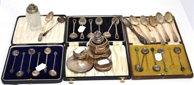 Lot 278 - Miscellaneous silver including a cased set of six coffee spoons, Birmingham marks, retailed by...