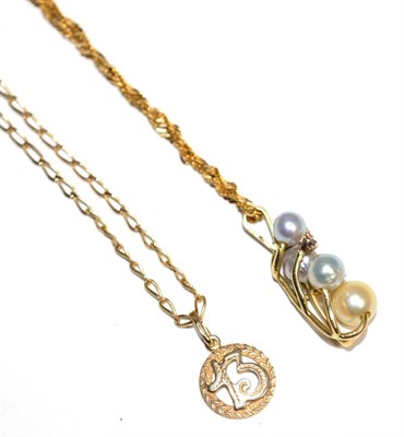 Lot 297 - A 9 carat gold cultured pearl and diamond pendant, silver and cream-coloured cultured pearls,...