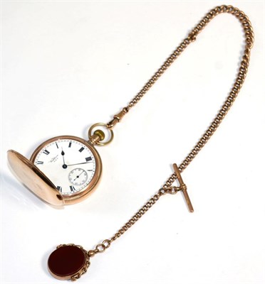 Lot 308 - A 9 carat gold full hunter pocket watch and a 9 carat gold watch chain with blood stone swivel seal