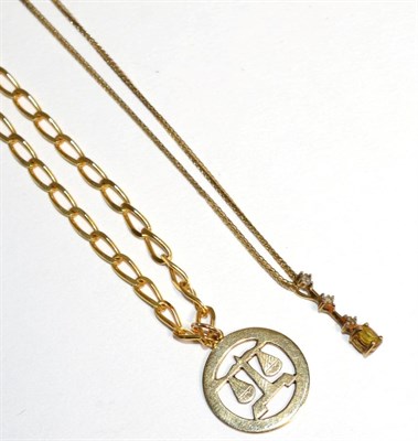 Lot 312 - A Libra zodiac pendant, suspended from a 9 carat gold curb link chain necklace, length 50cm and a 9