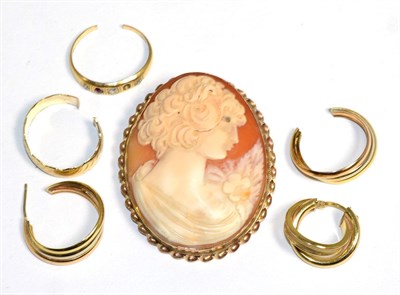 Lot 326 - A carved shell cameo brooch, in a 9 carat gold rope frame, measures 5.2cm by 4.5cm; a pair of...