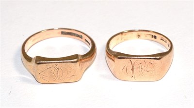 Lot 332 - Two 9 carat rose gold signet rings, with oblong tops, finger size Q and V