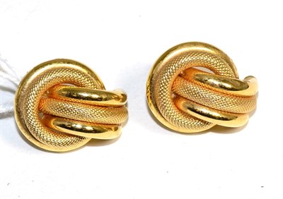 Lot 341 - A pair of fancy textured knot earrings, of textured and bright polished design, measure 2.3cm...