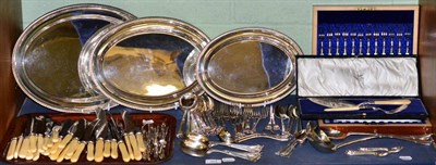 Lot 361 - A part service of silver plated flatware, a canteen of mother of pearl handled fruit knives and...