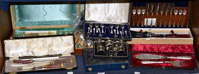 Lot 362 - A set of twelve silver teaspoons with matching tongs, a six piece silver condiment set, antler...