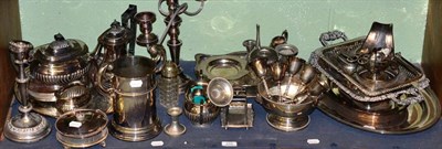 Lot 370 - Silver plated wares including three piece tea service, twin handled bottle holder, trays etc