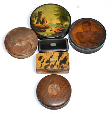 Lot 383 - Two 19th century papier mache snuff boxes with painted and printed decoration, two others,...