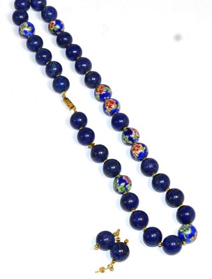 Lot 395 - A lapis lazuli and cloisonne enamel bead necklace, length 56cm and a pair of lapis lazuli bead...