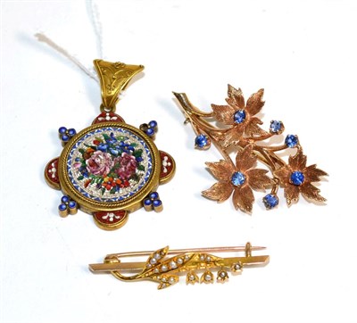 Lot 409 - A Victorian micro mosaic pendant, a circular plaque depicting a floral spray, to a multi-lobed...