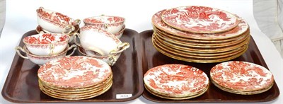 Lot 434 - A Royal Crown Derby Red Aves dinner service comprising ten dinner plates; eight soup bowls; six...