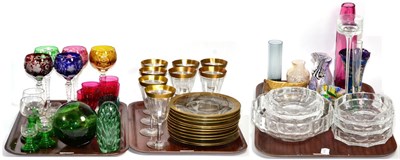 Lot 436 - Three trays of various clear and coloured glass including hock glasses, Caithness, Whitefriars,...