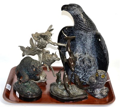 Lot 452 - A bronze group of dolphins; a petwer figure after Jim Ponter survival on the plains ";The Hunter"