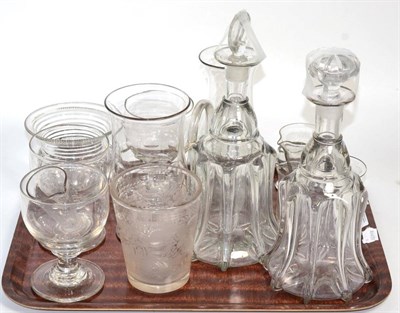 Lot 455 - Pair of 19th century glass decanters and stoppers, etched beaker, three glass rummers, cut...