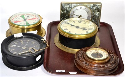 Lot 456 - Three ship's type bulk head wall timepieces, a Metamec mantel timepiece and an aneroid...