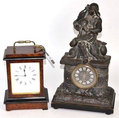 Lot 471 - A walnut veneered mantel timepiece retailed by Reid & Sons, Paris and a Spelter mantel...