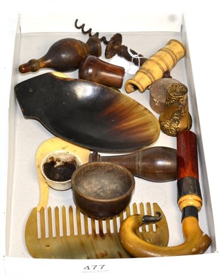 Lot 477 - Assorted collectables including a horn comb, walking stick handle, ivory handled corkscrew,...