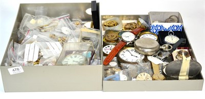 Lot 478 - A quantity of pocket watch and wristwatch movements, pocket watch silver cases, etc (in two boxes)