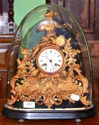 Lot 495 - A French gilt metal mantle clock, under glass dome